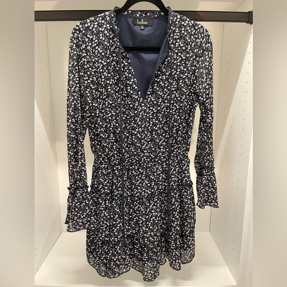 Lulu’s Garden of Grace Navy Blue Floral Print Long Sleeve Ruffled Dress